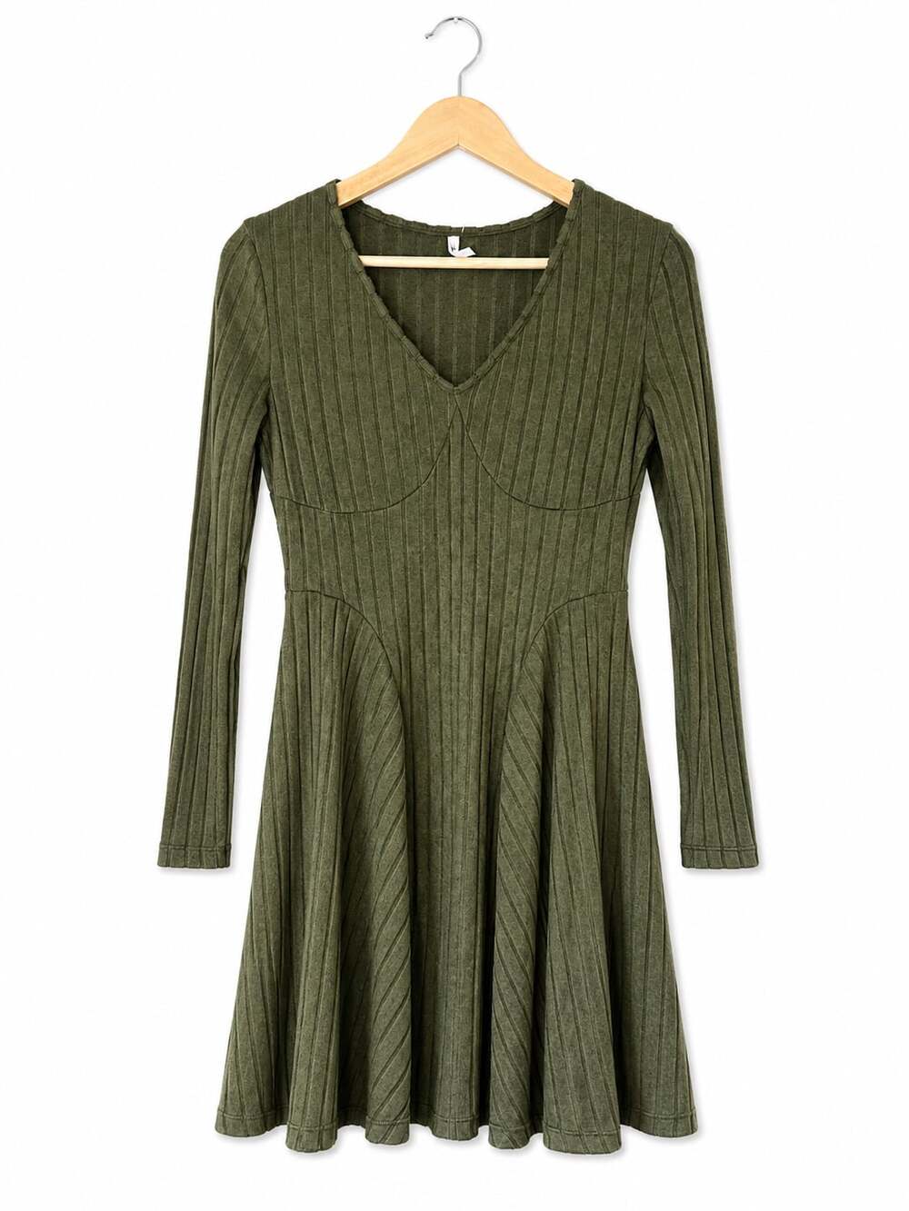 Halara Ribbed Knit V Neck Long Sleeve Flare Mini Casual Dress